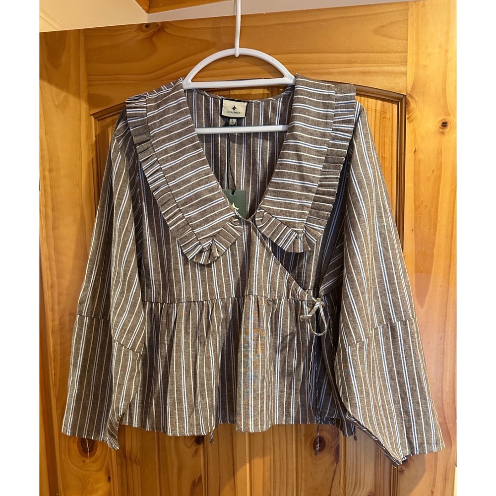 Tuckernuck Dove Stripe Linen Bethany Blouse Brown Blue Wrap Top Size L NWT - Picture 4 of 7